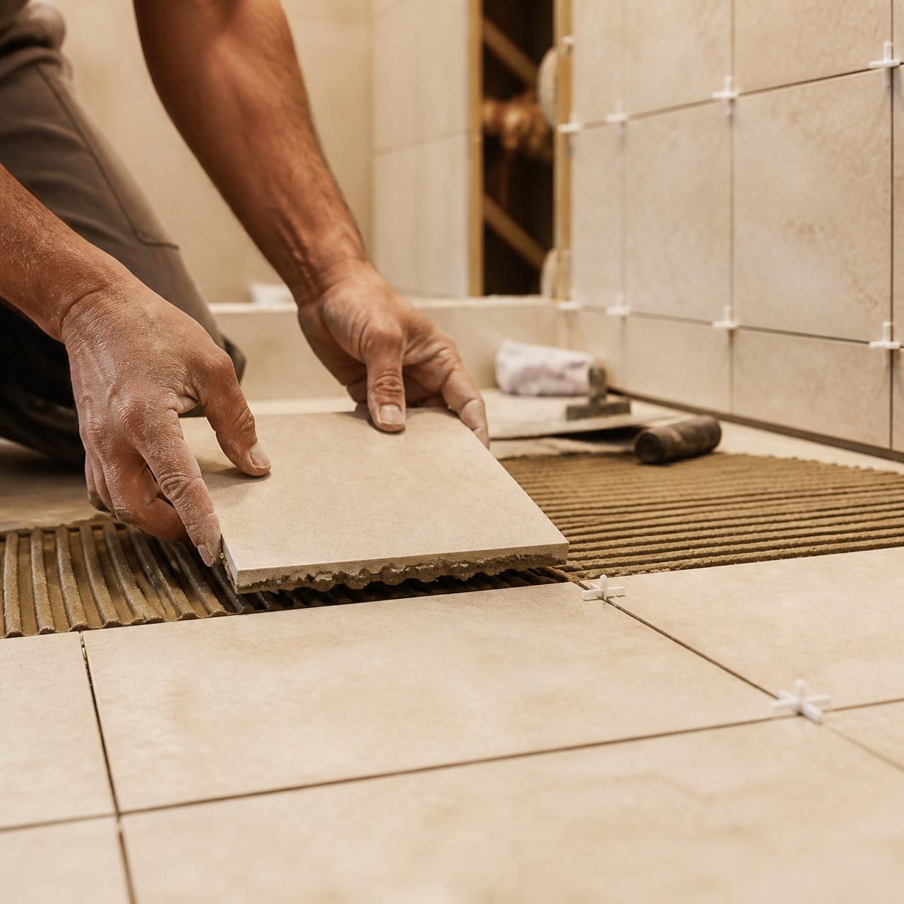 Craftsman carefully setting tile during a bathroom renovation
